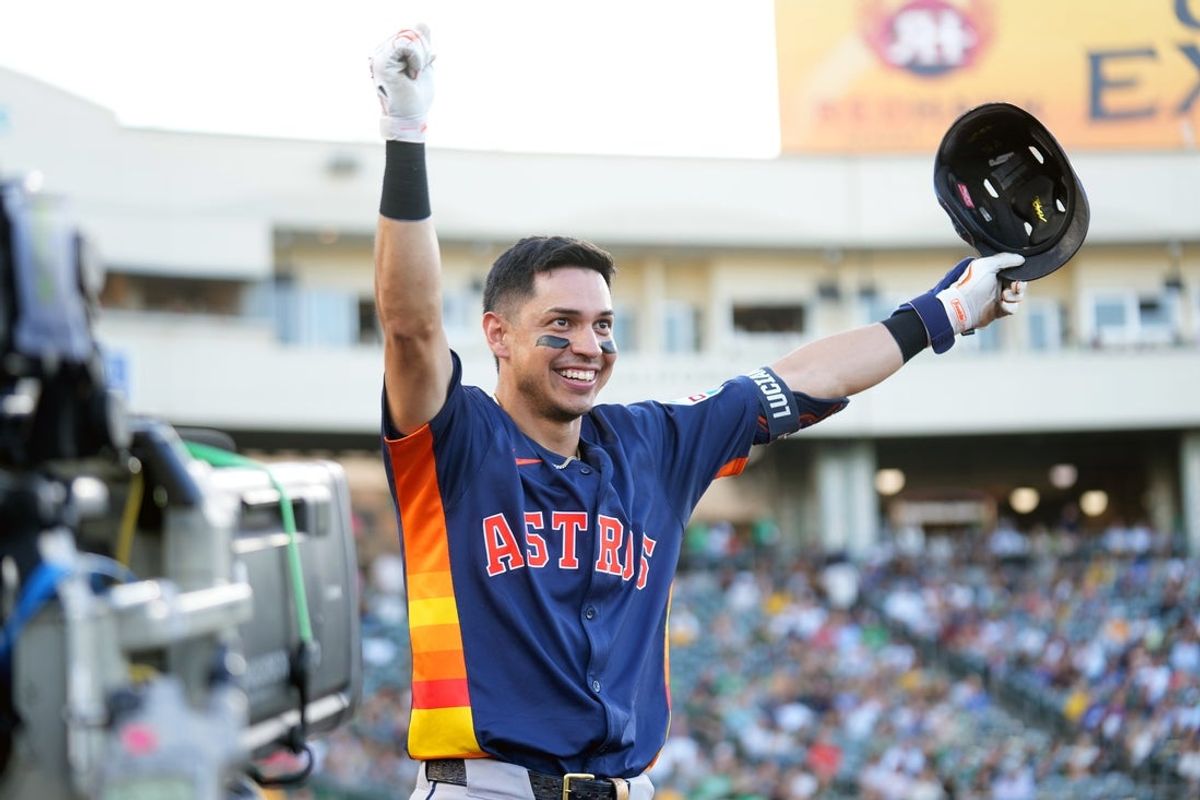Jun 18, 2025; West Sacramento, California, USA; Houston Astros second baseman Mauricio Dubon (14) reacts after hitting a home run against the Athletics in the third inning at Sutter Health Park. Mandatory Credit: Cary Edmondson-Imagn Images