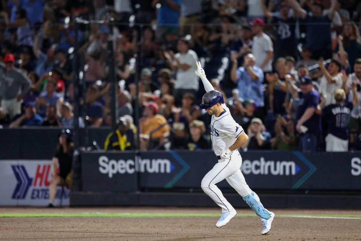 Jun 18, 2025; Tampa, Florida, USA; Tampa Bay Rays second base Brandon Lowe (8) runs the bases after hitting a two run home run against the Baltimore Orioles in the fifth inning at George M. Steinbrenner Field. Mandatory Credit: Nathan Ray Seebeck-Imagn Images