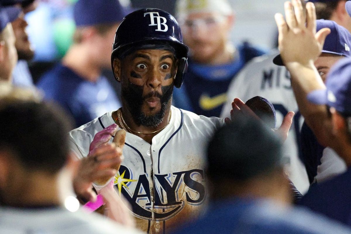 Jun 18, 2025; Tampa, Florida, USA; Tampa Bay Rays first baseman Yandy Diaz (2) reacts after scoring a run against the Baltimore Orioles in the seventh inning at George M. Steinbrenner Field. Mandatory Credit: Nathan Ray Seebeck-Imagn Images