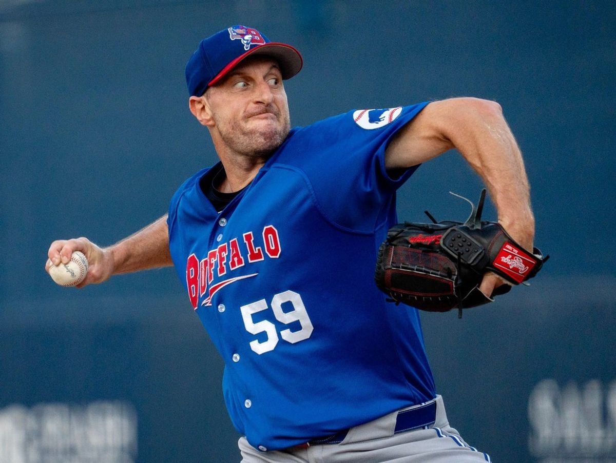 Buffalo’s Max Scherzer pitches in the first inning at Polar Park June 18.