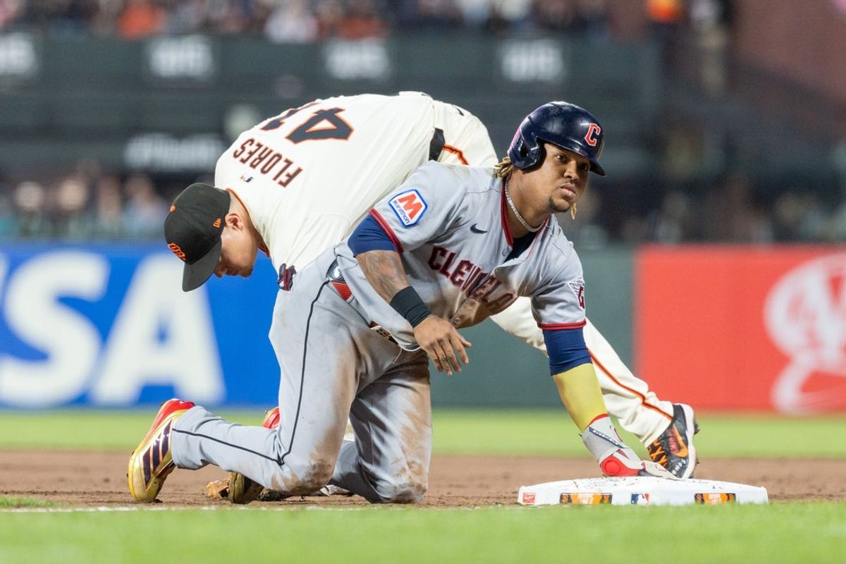 Jun 18, 2025; San Francisco, California, USA; Cleveland Guardians third base Jose Ramírez (11) is called out at first during the eighth inning against the San Francisco Giants at Oracle Park. Mandatory Credit: Bob Kupbens-Imagn Images