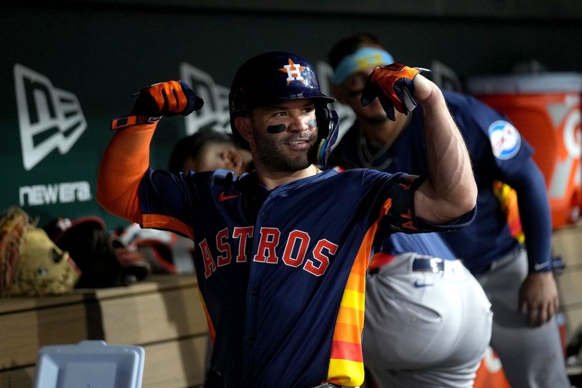 Jun 18, 2025; West Sacramento, California, USA; Houston Astros left fielder Jose Altuve (27) reacts after hitting a three-run home run against the Athletics in the sixth inning at Sutter Health Park. Mandatory Credit: Cary Edmondson-Imagn Images