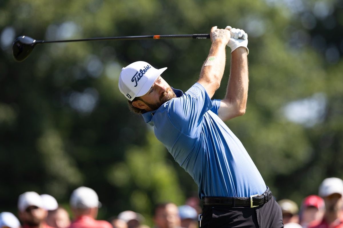 Jun 19, 2025; Cromwell, Connecticut, USA; Cameron Young plays his shot from the first tee during the first round of the Travelers Championship golf tournament. Mandatory Credit: Bill Streicher-Imagn Images