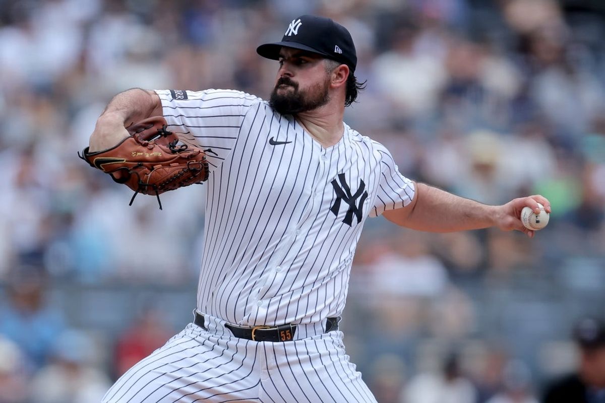 Jun 19, 2025; Bronx, New York, USA; New York Yankees starting pitcher Carlos Rodon (55) pitches against the Los Angeles Angels during the first inning at Yankee Stadium. Mandatory Credit: Brad Penner-Imagn Images