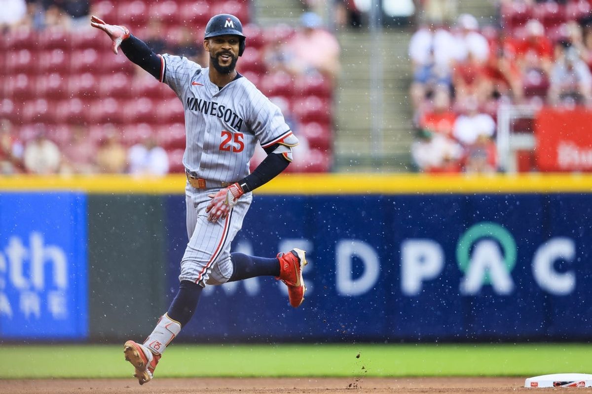 Jun 19, 2025; Cincinnati, Ohio, USA; Minnesota Twins outfielder Byron Buxton (25) reacts after hitting a solo home run in the first inning against the Cincinnati Reds at Great American Ball Park. Mandatory Credit: Katie Stratman-Imagn Images