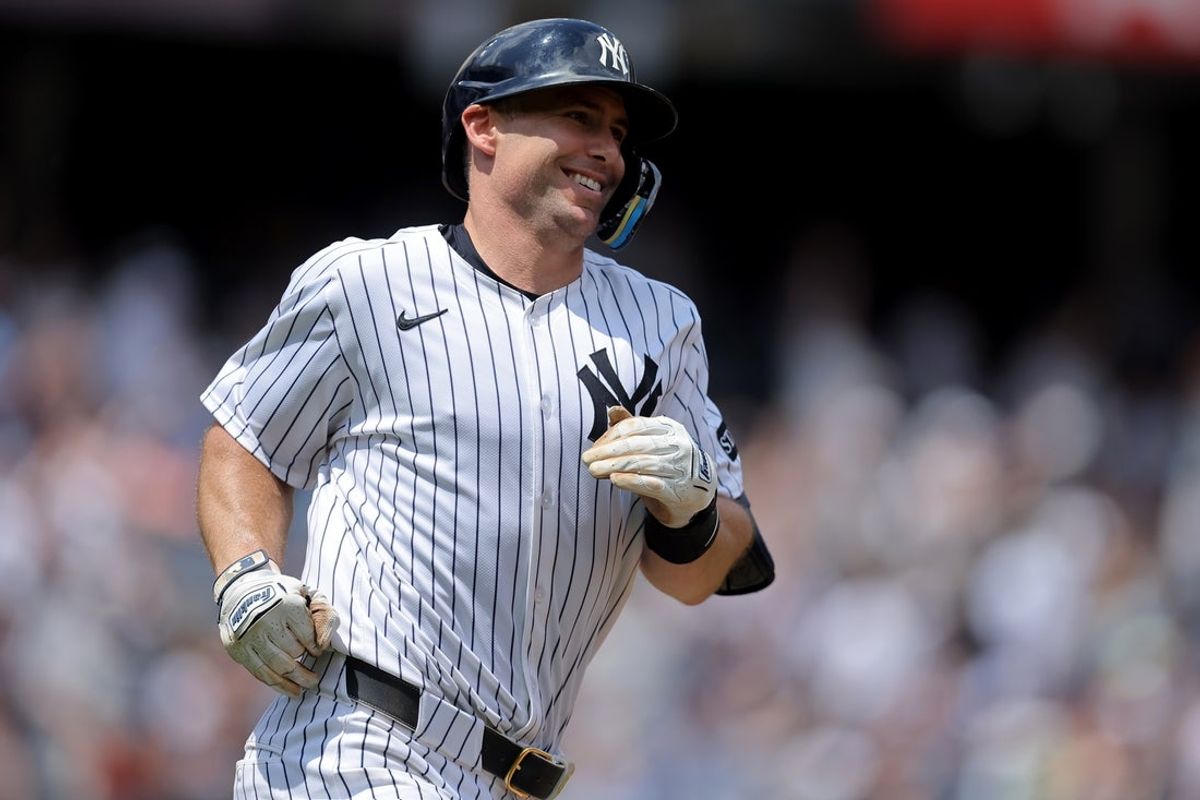 Jun 19, 2025; Bronx, New York, USA; New York Yankees first baseman Paul Goldschmidt (48) rounds the bases after hitting a solo home run against the Los Angeles Angels during the second inning at Yankee Stadium. Mandatory Credit: Brad Penner-Imagn Images