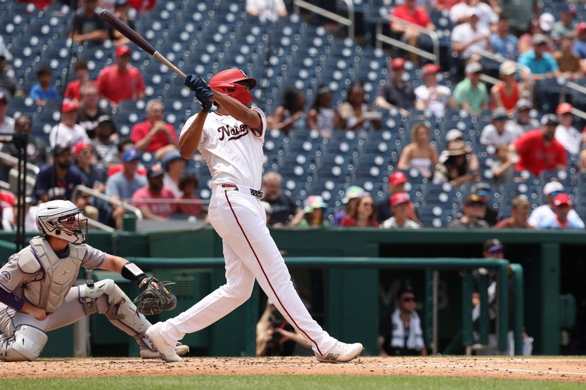 Jun 19, 2025; Washington, District of Columbia, USA; Washington Nationals outfielder James Wood (29) hits a two run home run against the Colorado Rockies during the fourth inning at Nationals Park. Mandatory Credit: Geoff Burke-Imagn Images