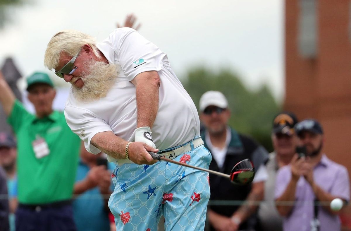 John Daly of Dardenelle, Arkansas drives his ball down the No. 10 fairway during the first round of the 2025 Kaulig Companies Championship at Firestone Country Club, Thursday, June 19, 2025, in Akron, Ohio.