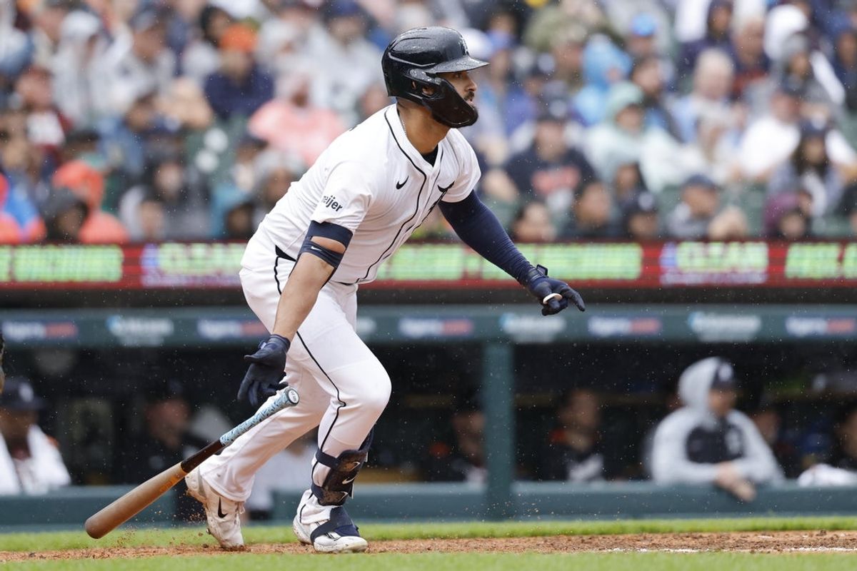 Jun 19, 2025; Detroit, Michigan, USA;  Detroit Tigers outfielder Riley Greene (31) hits an three RBI double in the second inning against the Pittsburgh Pirates at Comerica Park. Mandatory Credit: Rick Osentoski-Imagn Images