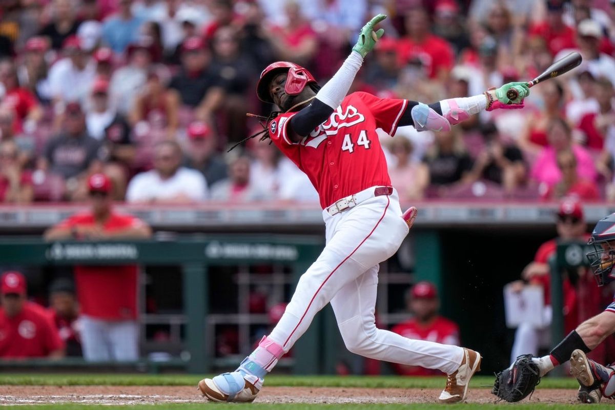 Cincinnati Reds shortstop Elly De La Cruz (44) strikes out to leave the bases loaded in the seventh inning of the MLB interleague game between the Cincinnati Reds and the Minnesota Twins at Great American Ball Park in downtown Cincinnati on Thursday, June 19, 2025. The Twins won, 12-5.