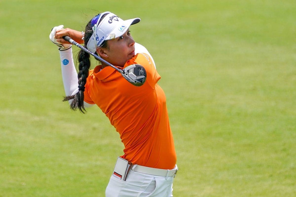 Jun 19, 2025; Frisco, Texas, USA; Jeeno Thitikul plays her shot from the 18th tee during the first round of the KPMG Women's PGA Championship. Mandatory Credit: Raymond Carlin III-Imagn Images