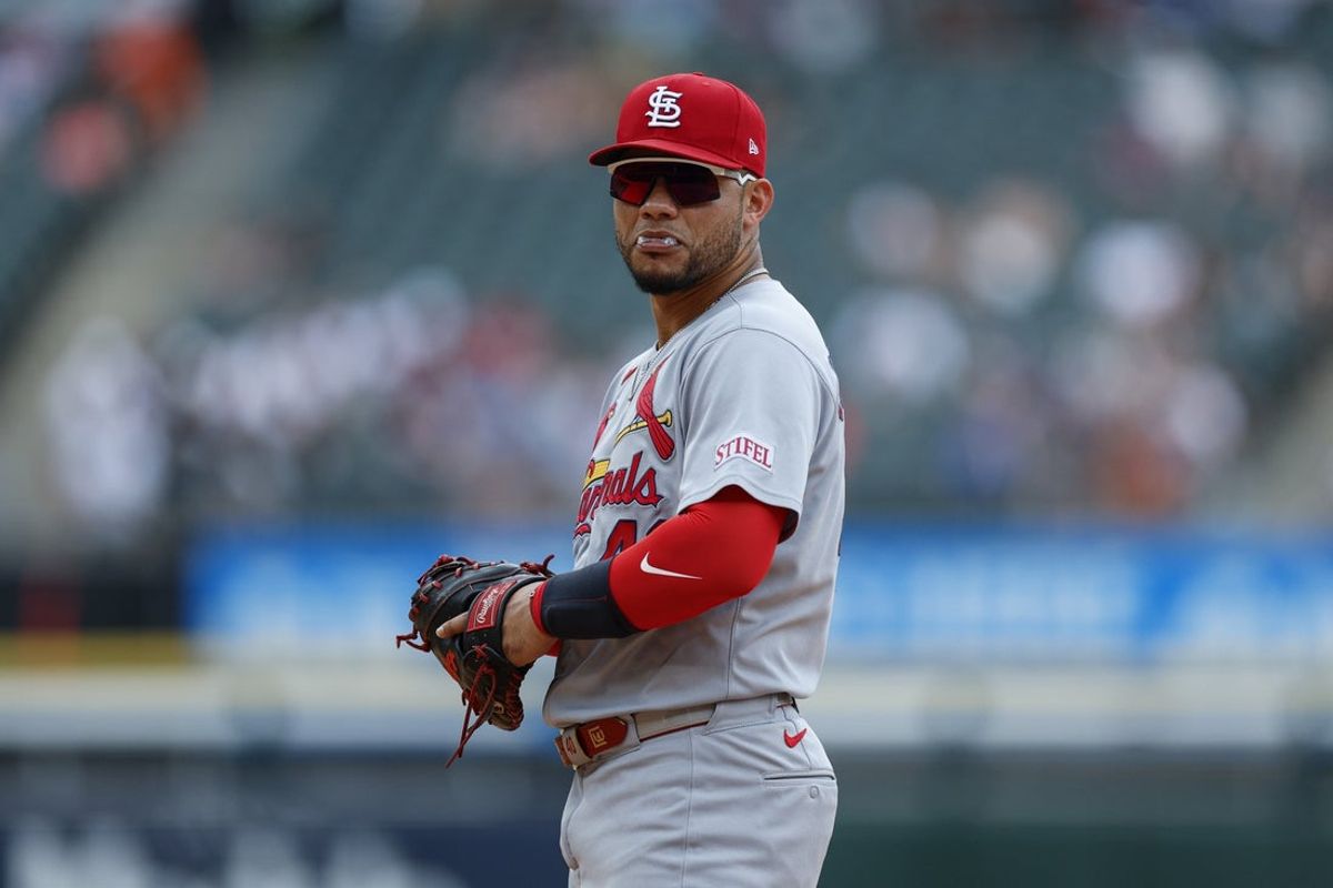 Jun 19, 2025; Chicago, Illinois, USA; St. Louis Cardinals first baseman Willson Contreras (40) looks on during the second inning of game one of the doubleheader against the Chicago White Sox at Rate Field. Mandatory Credit: Kamil Krzaczynski-Imagn Images