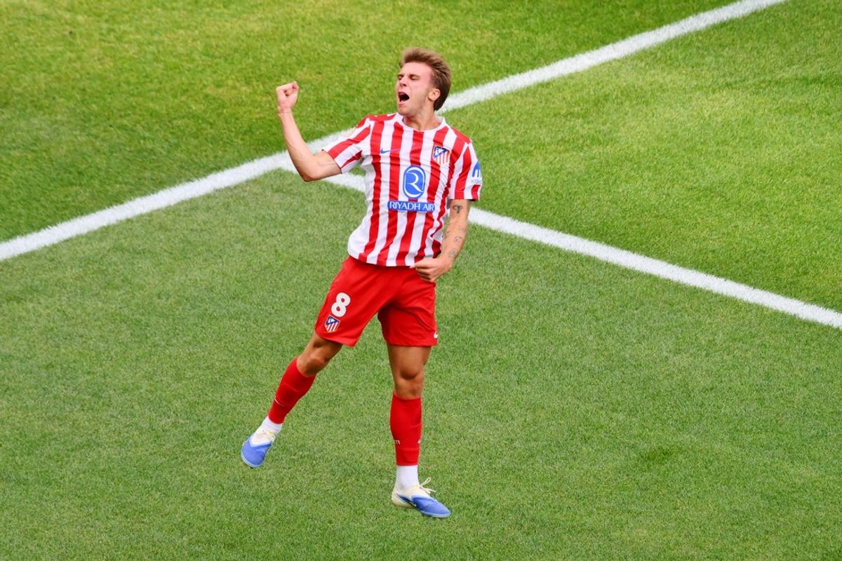 Jun 19, 2025; Seattle, Washington, USA; Atletico Madrid midfielder Pablo Barrios (8) celebrates after scoring a goal during the first half Seattle Sounders FC during a group stage match of the 2025 FIFA Club World Cup at Lumen Field. Mandatory Credit: Steven Bisig-Imagn Images