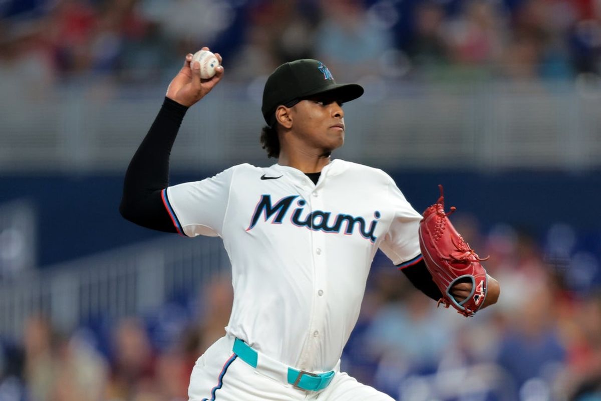 Jun 19, 2025; Miami, Florida, USA; Miami Marlins starting pitcher Edward Cabrera (27) delivers a pitch against the Philadelphia Phillies during the first inning at loanDepot Park. Mandatory Credit: Sam Navarro-Imagn Images