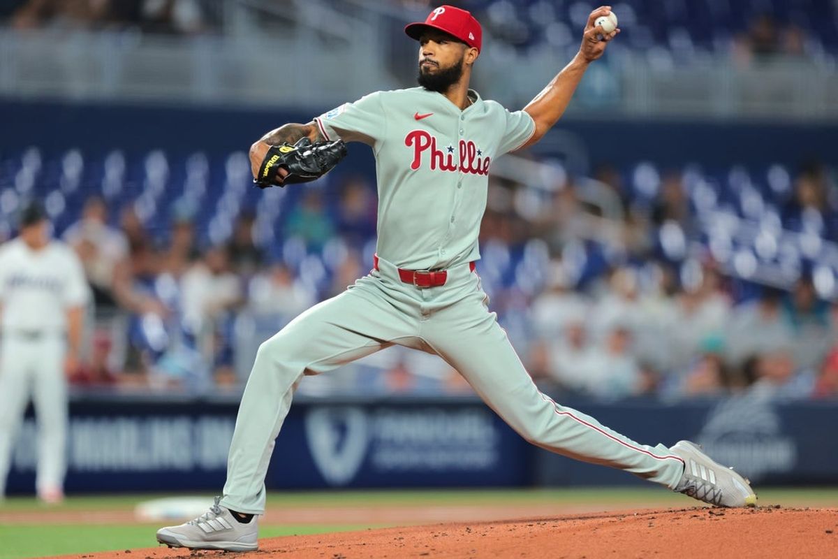 Jun 19, 2025; Miami, Florida, USA; Philadelphia Phillies starting pitcher Cristopher Sanchez (61) delivers a pitch against the Miami Marlins first inning at loanDepot Park. Mandatory Credit: Sam Navarro-Imagn Images