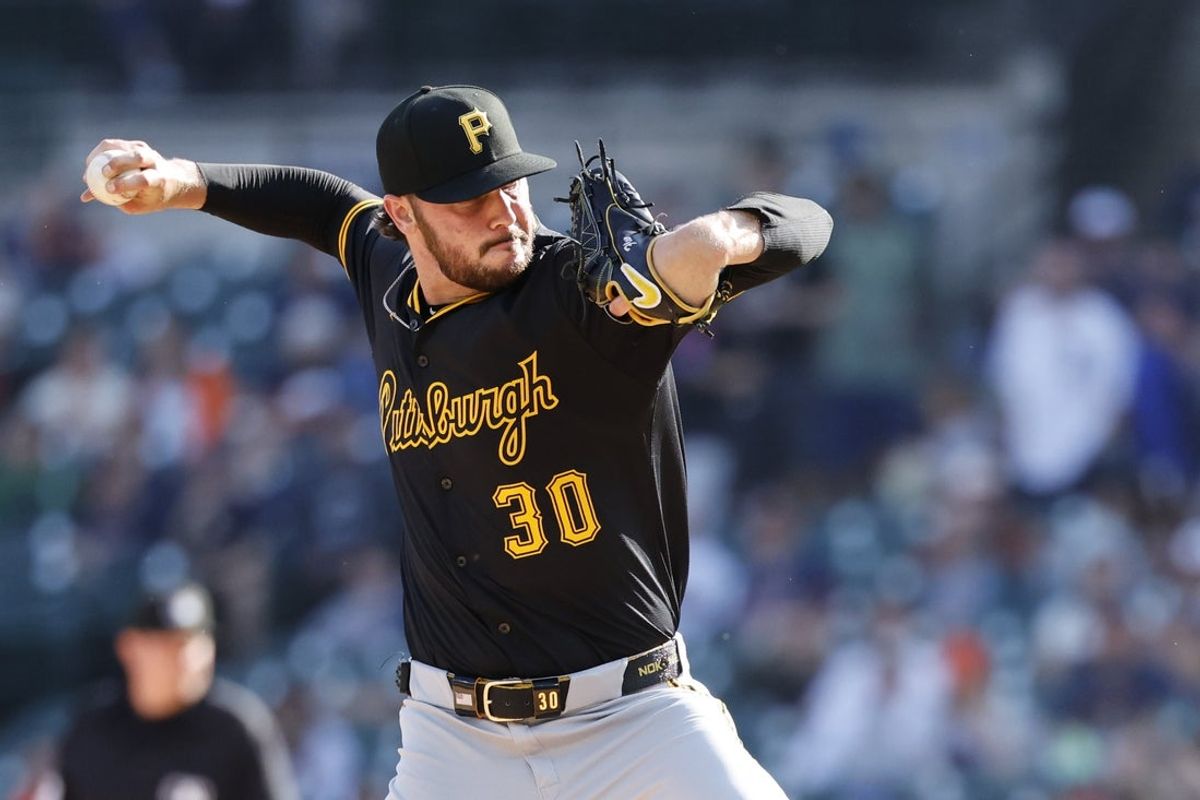 Jun 19, 2025; Detroit, Michigan, USA;  Pittsburgh Pirates pitcher Paul Skenes (30) pitches in the first inning against the Detroit Tigers at Comerica Park. Mandatory Credit: Rick Osentoski-Imagn Images