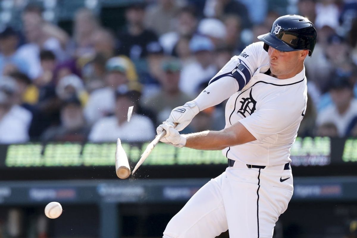 Jun 19, 2025; Detroit, Michigan, USA;  Detroit Tigers outfielder Kerry Carpenter (30) breaks his bat grounding out in the first inning against the Pittsburgh Pirates at Comerica Park. Mandatory Credit: Rick Osentoski-Imagn Images