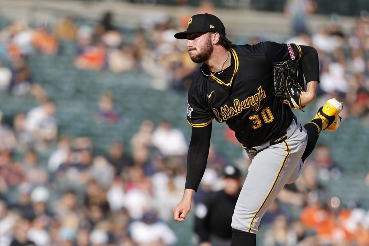 Jun 19, 2025; Detroit, Michigan, USA;  Pittsburgh Pirates pitcher Paul Skenes (30) pitches in the second inning against the Detroit Tigers at Comerica Park. Mandatory Credit: Rick Osentoski-Imagn Images