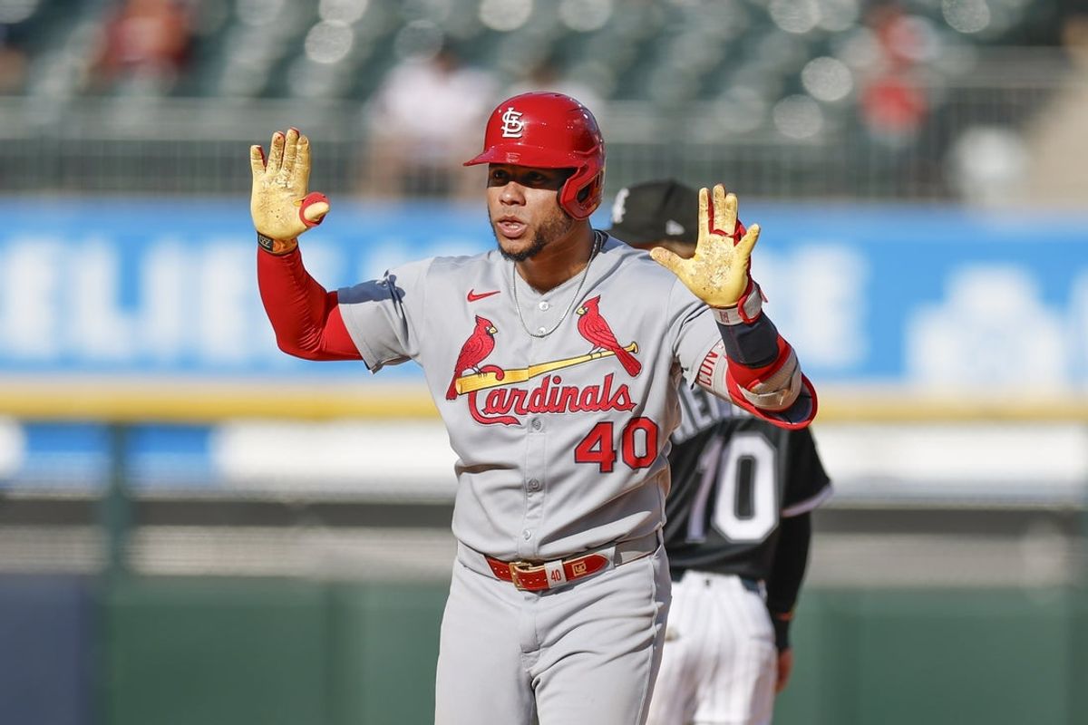 Jun 19, 2025; Chicago, Illinois, USA; St. Louis Cardinals first baseman Willson Contreras (40) reacts after hitting a two run double against the Chicago White Sox during the fourth inning of game two of a doubleheader at Rate Field. Mandatory Credit: Kamil Krzaczynski-Imagn Images