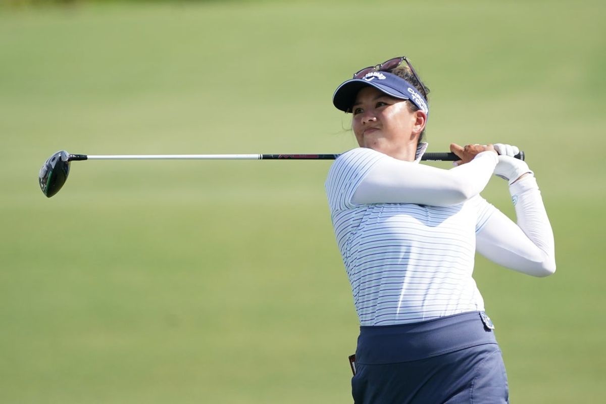 Jun 19, 2025; Frisco, Texas, USA; Brianna Do plays her shot from the 16th tee during the first round of the KPMG Women's PGA Championship. Mandatory Credit: Raymond Carlin III-Imagn Images