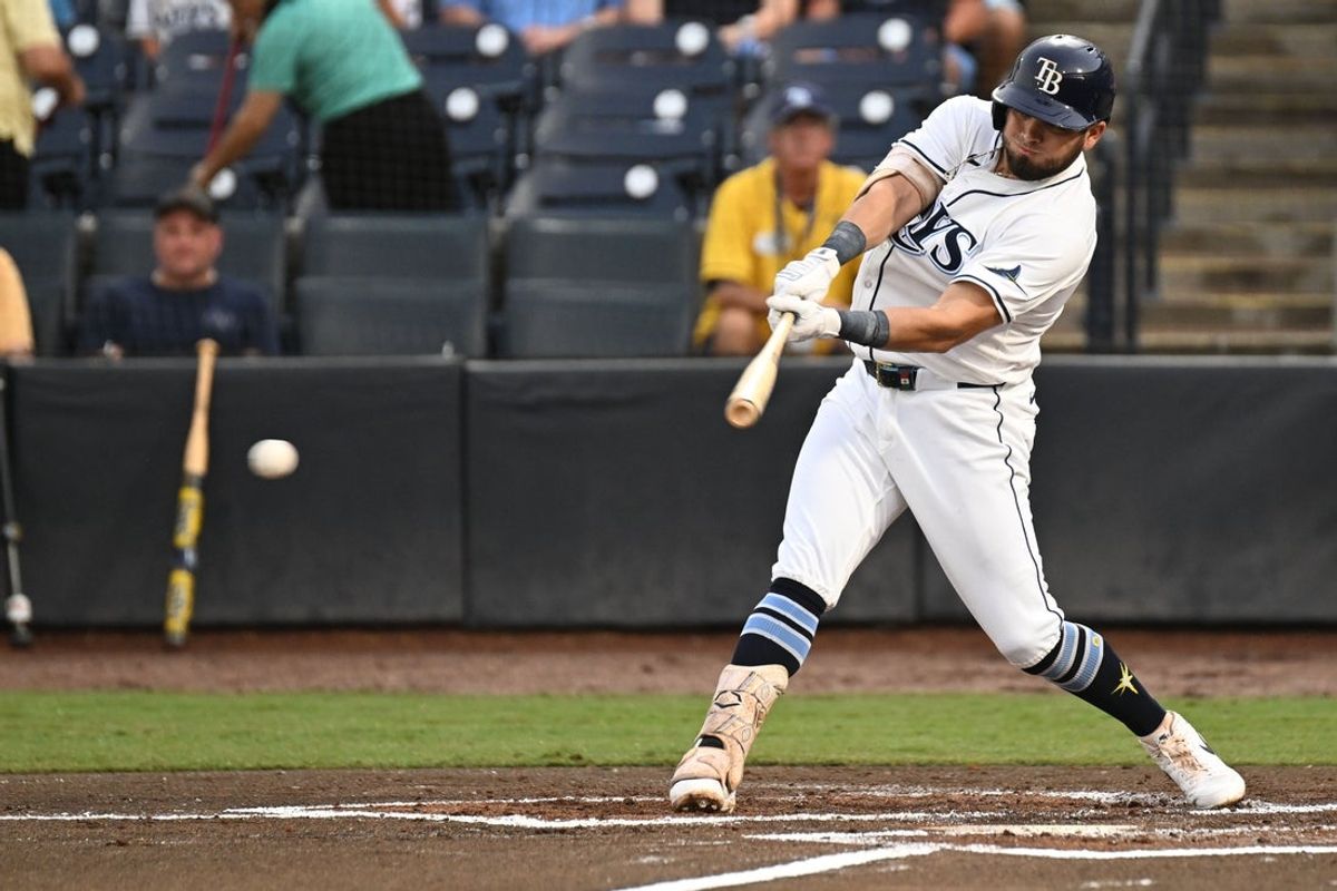 Jun 19, 2025; St. Petersburg, Florida, USA; TTampa Bay Rays first baseman Jonathan Aranda (62) hits a single in the second  inning against the Baltimore Orioles at George M. Steinbrenner Field. Mandatory Credit: Jonathan Dyer-Imagn Images