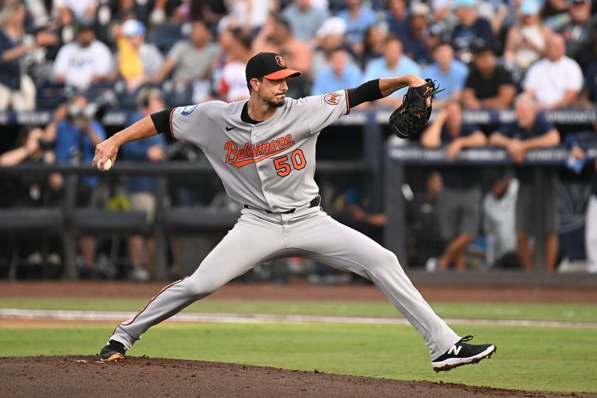 Jun 19, 2025; St. Petersburg, Florida, USA; Baltimore Orioles starting pitcher Charlie Morton (50) throws a pitch in the first inning against the Tampa Bay Rays at George M. Steinbrenner Field. Mandatory Credit: Jonathan Dyer-Imagn Images