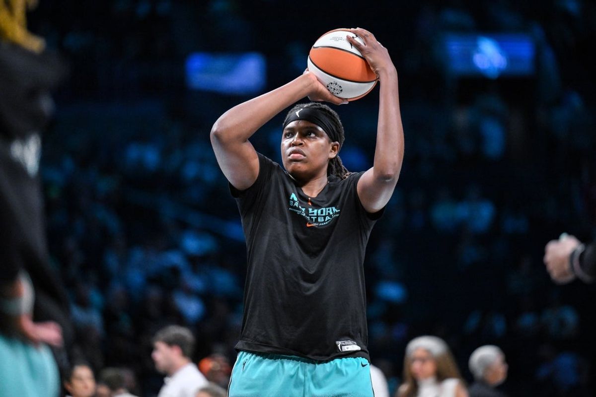 Jun 19, 2025; Brooklyn, New York, USA; New York Liberty center Jonquel Jones (35) warms up before a game against the Phoenix Mercury at Barclays Center. Mandatory Credit: John Jones-Imagn Images