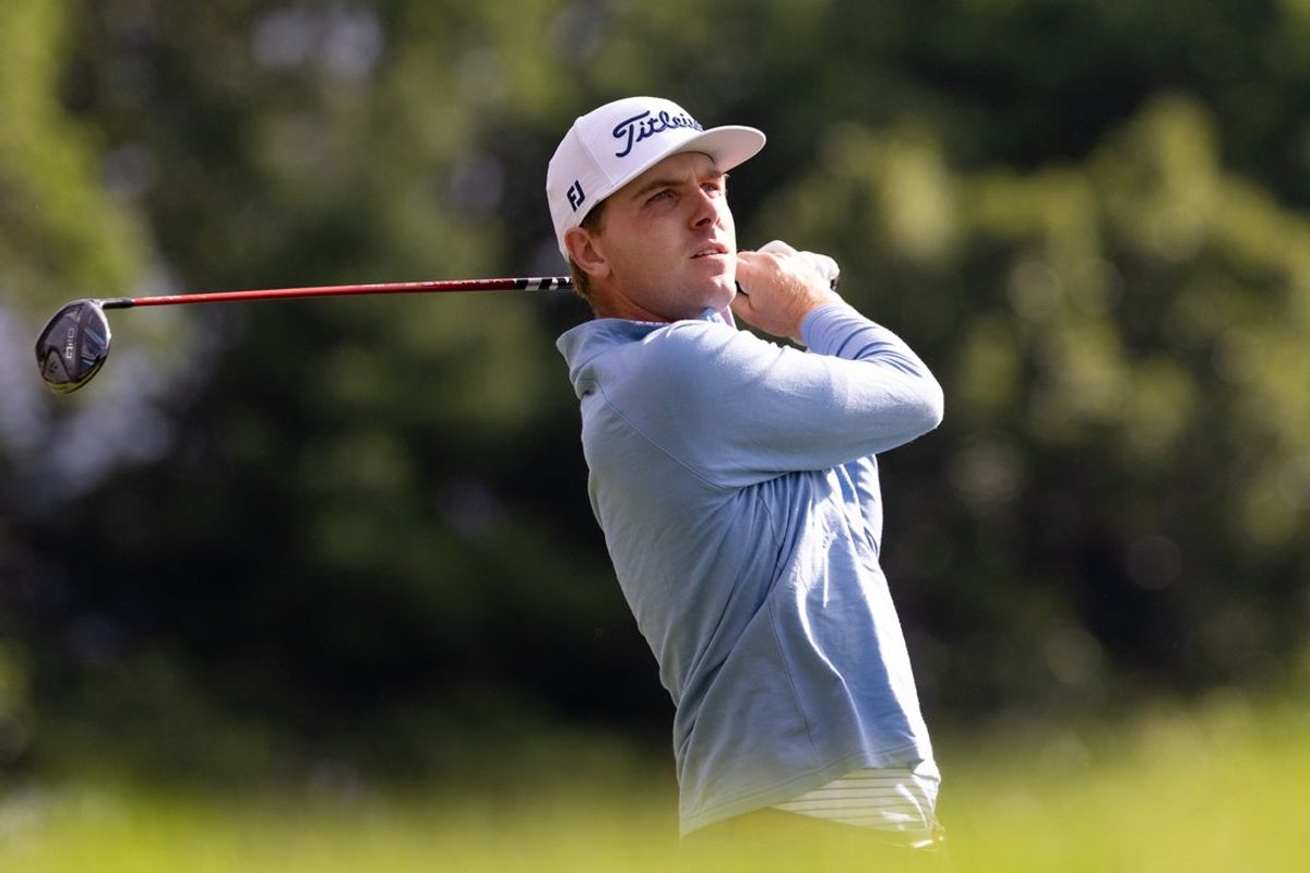Jun 20, 2025; Cromwell, Connecticut, USA; Ryan Gerard plays his shot from the first tee during the second round of the Travelers Championship golf tournament. Mandatory Credit: Bill Streicher-Imagn Images