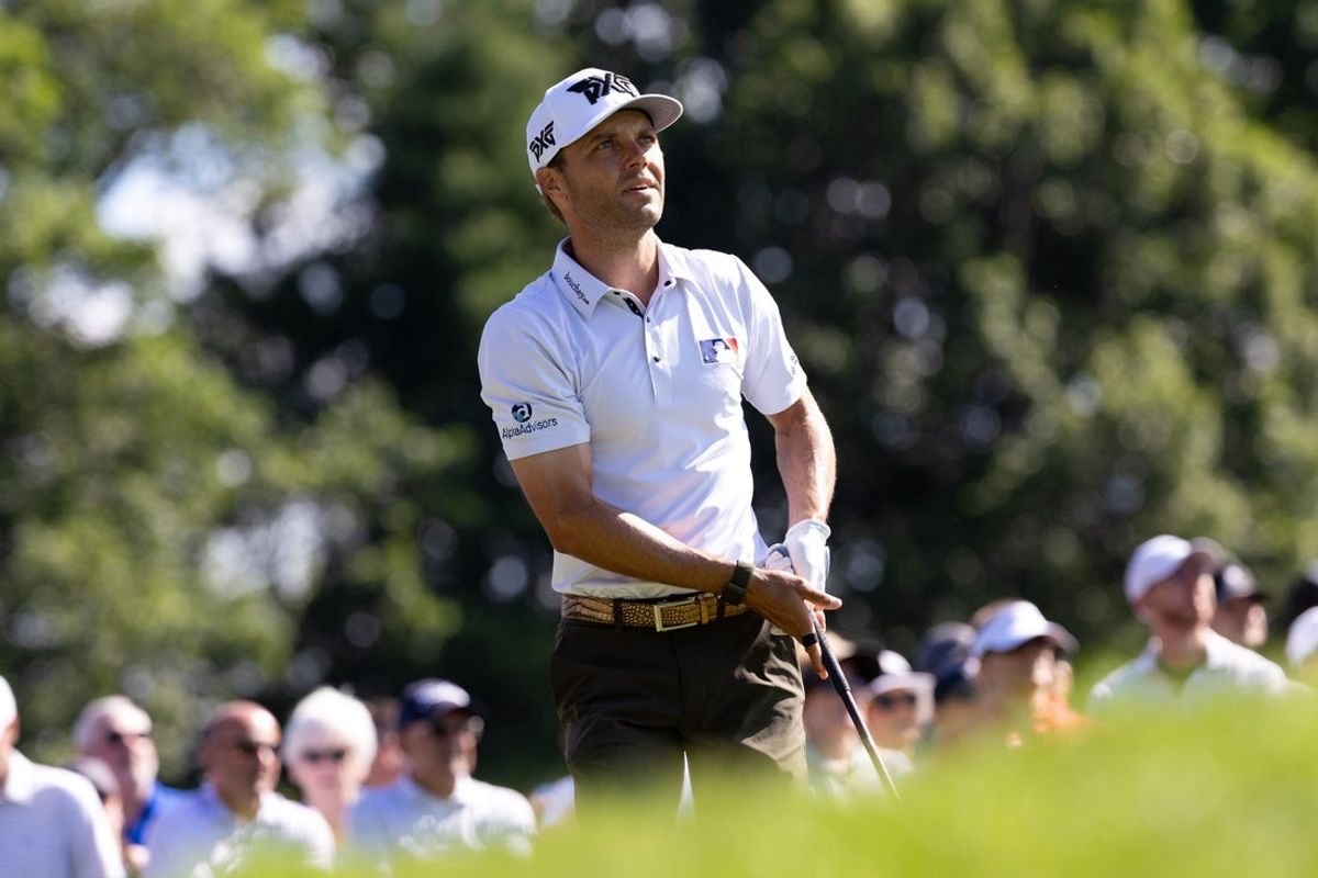 Jun 20, 2025; Cromwell, Connecticut, USA; Eric Cole plays his shot from the first tee during the second round of the Travelers Championship golf tournament. Mandatory Credit: Bill Streicher-Imagn Images