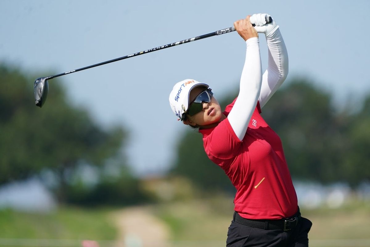 Jun 20, 2025; Frisco, Texas, USA; Sei Young Kim plays her shot from the sixth tee during the second round of the KPMG Women's PGA Championship. Mandatory Credit: Raymond Carlin III-Imagn Images