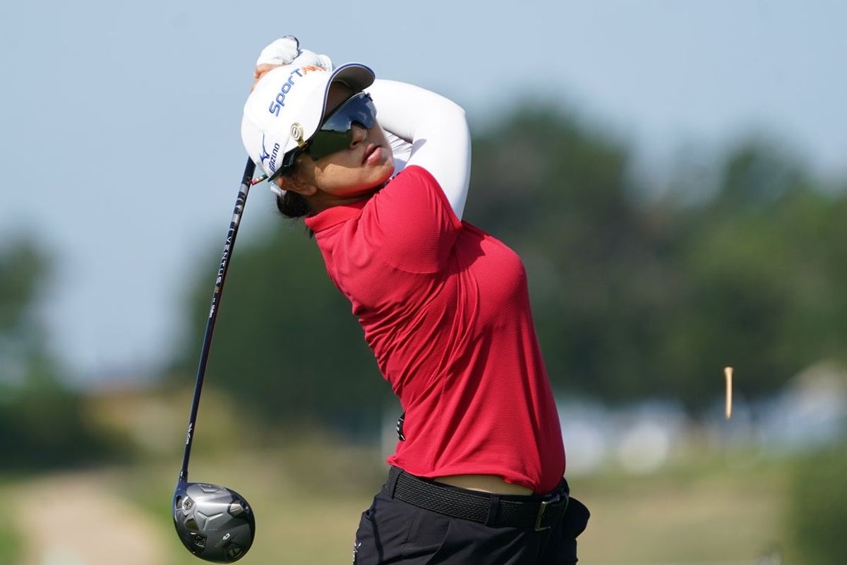 Jun 20, 2025; Frisco, Texas, USA; Sei Young Kim plays her shot from the sixth tee during the second round of the KPMG Women's PGA Championship. Mandatory Credit: Raymond Carlin III-Imagn Images