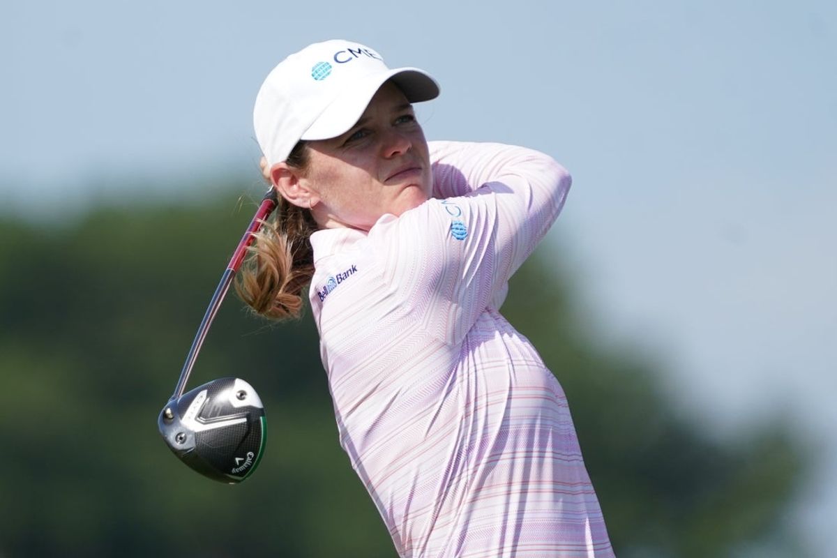Jun 20, 2025; Frisco, Texas, USA; Sarah Schmelzel plays her shot from the sixth tee during the second round of the KPMG Women's PGA Championship. Mandatory Credit: Raymond Carlin III-Imagn Images