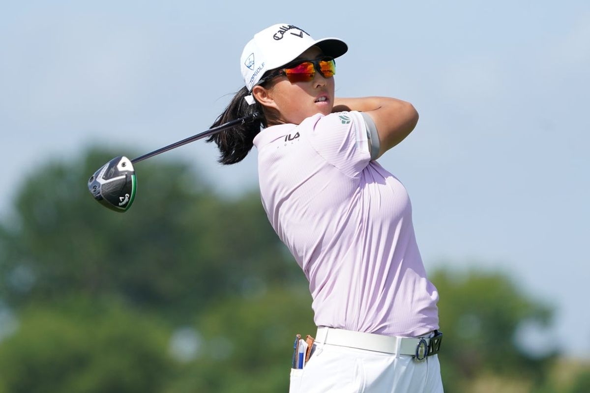 Jun 20, 2025; Frisco, Texas, USA; Ruoning Yin plays her shot from the sixth tee during the second round of the KPMG Women's PGA Championship. Mandatory Credit: Raymond Carlin III-Imagn Images