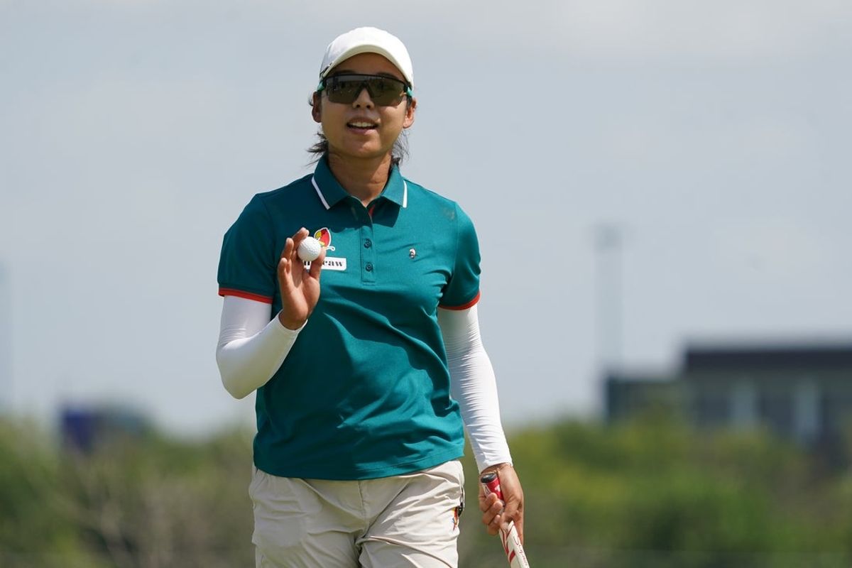 Jun 20, 2025; Frisco, Texas, USA; Mi Hyang Lee reacts after making a putt on the second green during the second round of the KPMG Women's PGA Championship. Mandatory Credit: Raymond Carlin III-Imagn Images