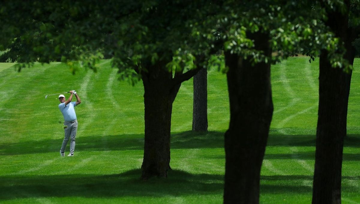 Stewart Cink of Atlanta, Georgia watches his second shot from the rough along the No. 6 fairway during the second round of the 2025 Kaulig Companies Championship at Firestone Country Club, Friday, June 20, 2025, in Akron, Ohio.