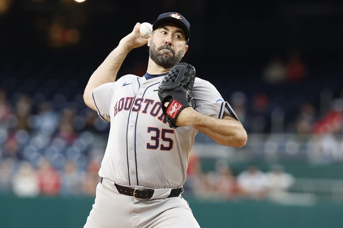 Apr 19, 2024; Washington, District of Columbia, USA; Houston Astros starting pitcher Justin Verlander (35) pitches against the Washington Nationals during the first inning at Nationals Park.