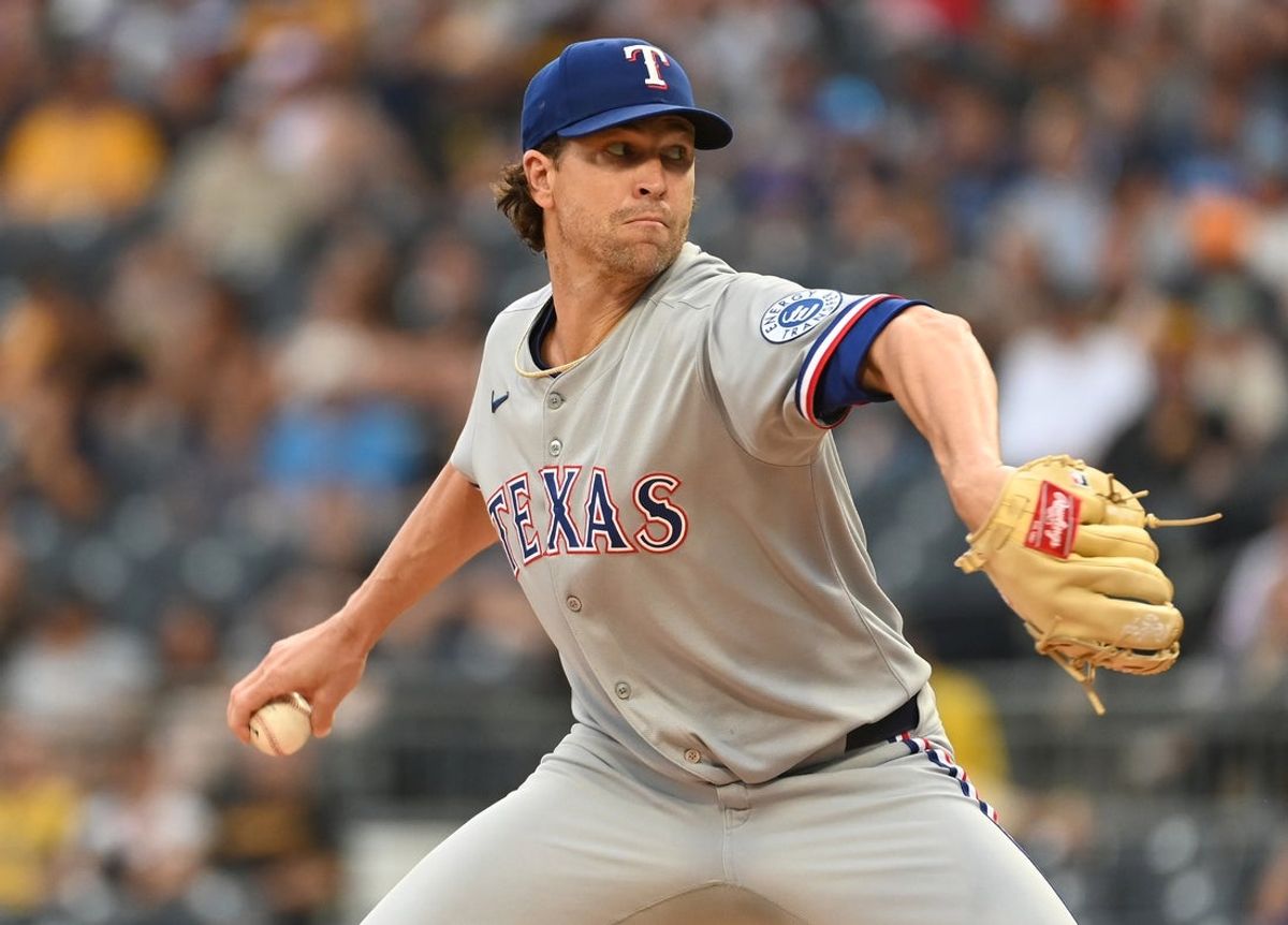 Jun 11, 2025; Pittsburgh, Pennsylvania, USA; Texas Rangers starting pitcher Jacob deGrom throws to the Pittsburgh Pirates during the first inning at PNC Park. Mandatory Credit: Philip G. Pavely-Imagn Images