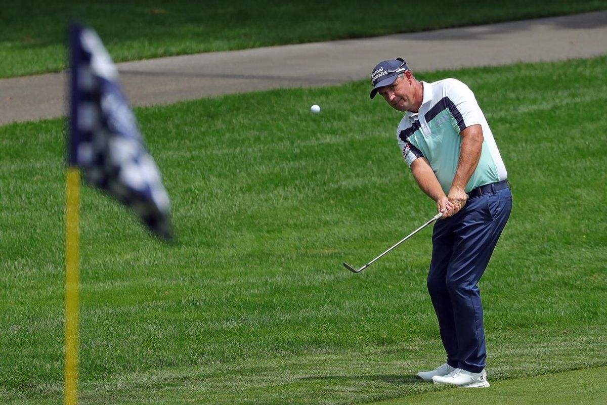 Padraig Harrington of Ireland takes his approach shot onto the No. 6 green during the second round of the 2025 Kaulig Companies Championship at Firestone Country Club, Friday, June 20, 2025, in Akron, Ohio.