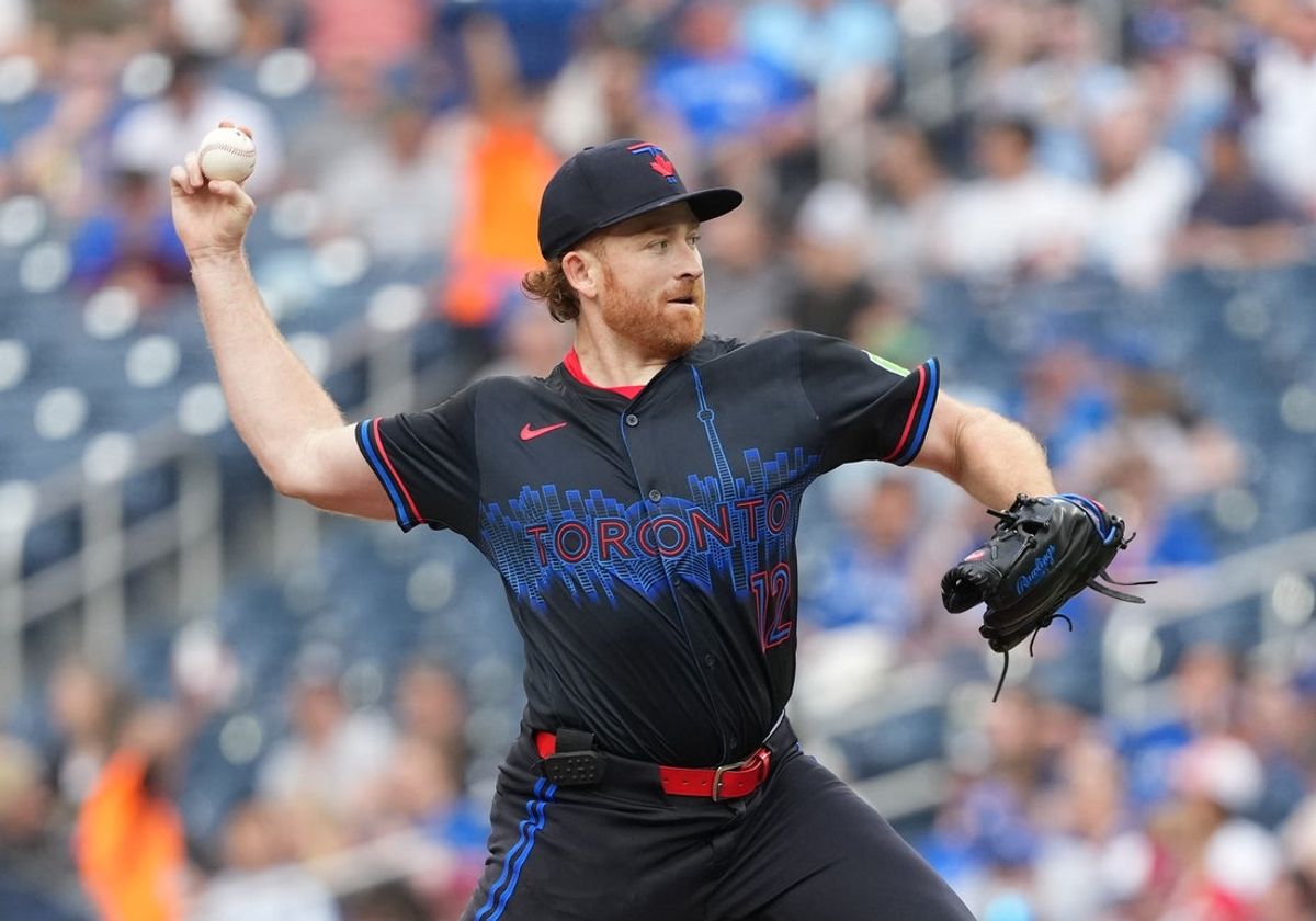 Jun 20, 2025; Toronto, Ontario, CAN; Toronto Blue Jays starting pitcher Spencer Turnbull (12) throws a pitch against the Chicago White Sox during the first inning at Rogers Centre. Mandatory Credit: Nick Turchiaro-Imagn Images