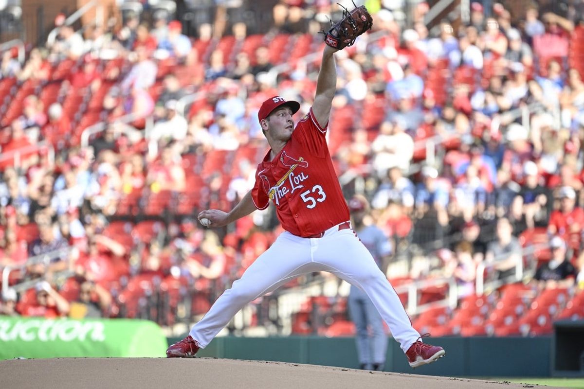 Jun 20, 2025; St. Louis, Missouri, USA; St. Louis Cardinals starting pitcher Andre Pallante (53) delivers a pitch against the Cincinnati Reds in the first inning at Busch Stadium. Mandatory Credit: Joe Puetz-Imagn Images