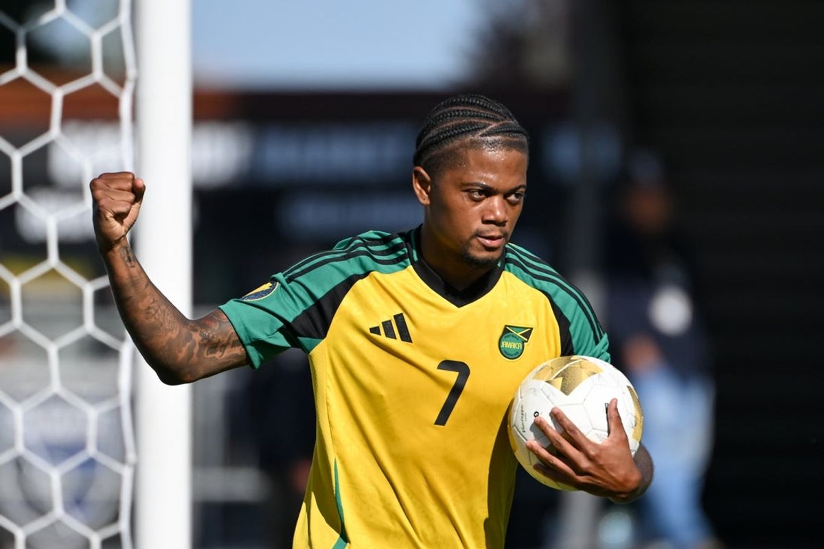 Jun 20, 2025; San Jose, California, USA; Jamaica forward Leon Bailey (7) celebrates after his goal against Guadeloupe in the first half during a group stage match of the 2025 Gold Cup at PayPal Park. Mandatory Credit: Robert Edwards-Imagn Images