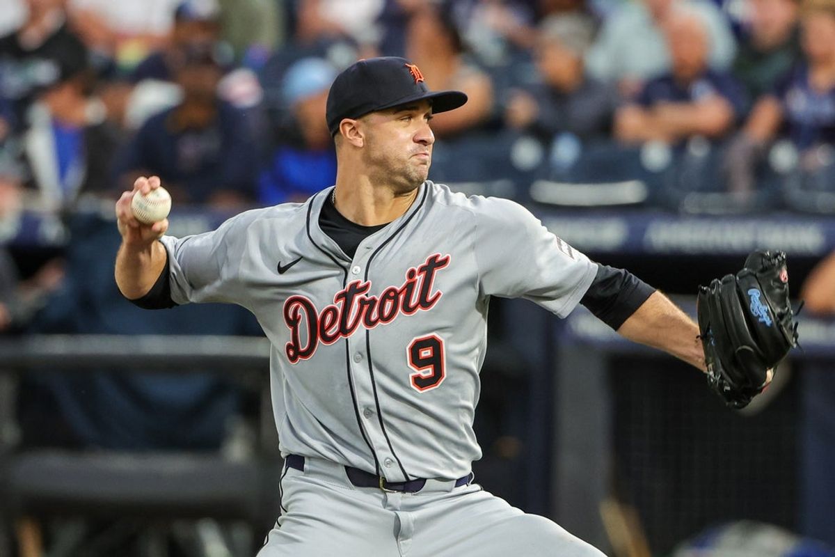 Jun 20, 2025; St. Petersburg, Florida, USA; Detroit Tigers pitcher Jack Flaherty (9) pitches during the first inning against the Tampa Bay Rays at George M. Steinbrenner Field. Mandatory Credit: Mike Watters-Imagn Images