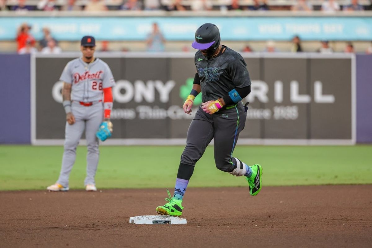 Jun 20, 2025; St. Petersburg, Florida, USA; Tampa Bay Rays first base Yandy Díaz (2) rounds second after hitting a home run during the first inning against the Detroit Tigers at George M. Steinbrenner Field. Mandatory Credit: Mike Watters-Imagn Images