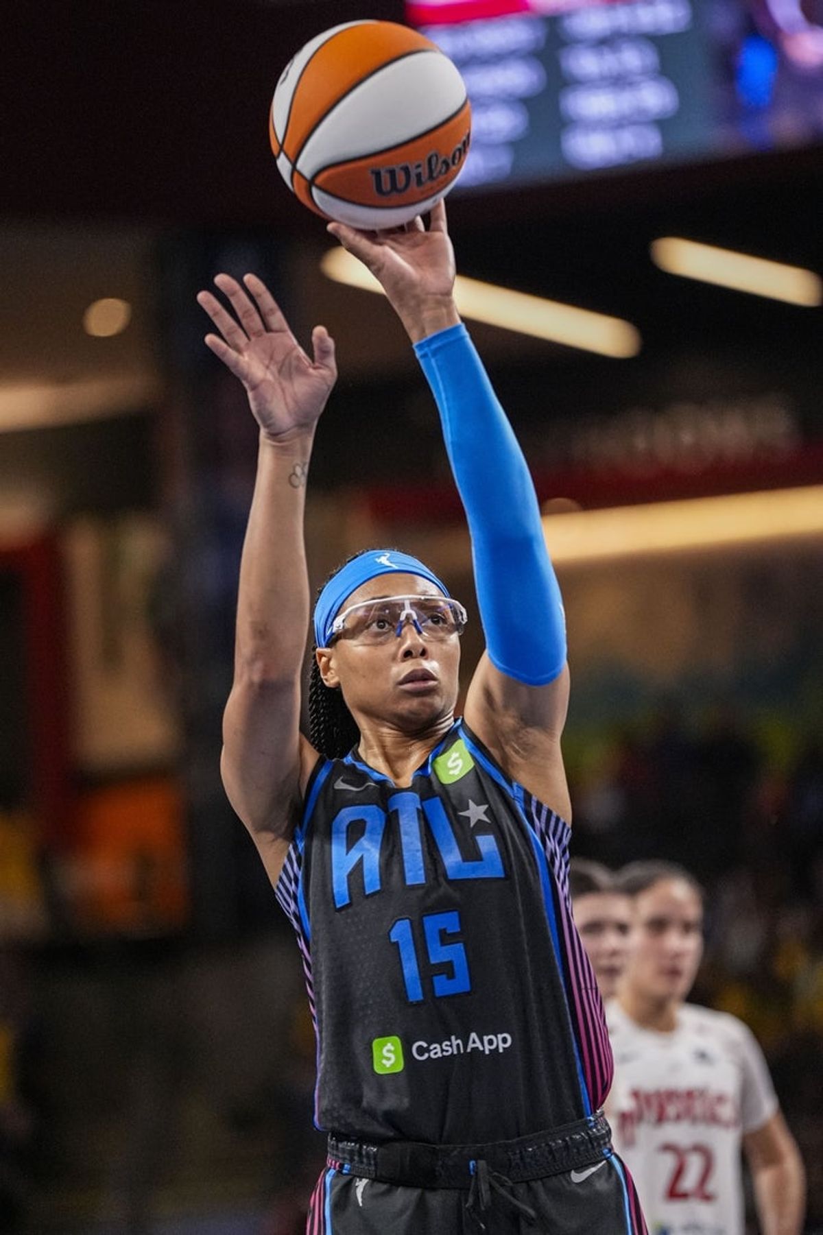Jun 20, 2025; College Park, Georgia, USA; Atlanta Dream guard Allisha Gray (15) shoots a free throw against the Washington Mystics during the second half at Gateway Center Arena at College Park. Mandatory Credit: Dale Zanine-Imagn Images