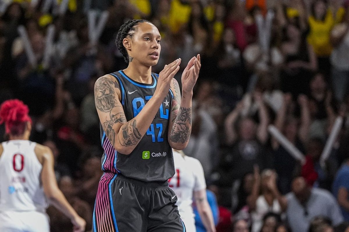 Jun 20, 2025; College Park, Georgia, USA; Atlanta Dream center Brittney Griner (42) react after the Dream defeated the Washington Mystics at Gateway Center Arena at College Park. Mandatory Credit: Dale Zanine-Imagn Images