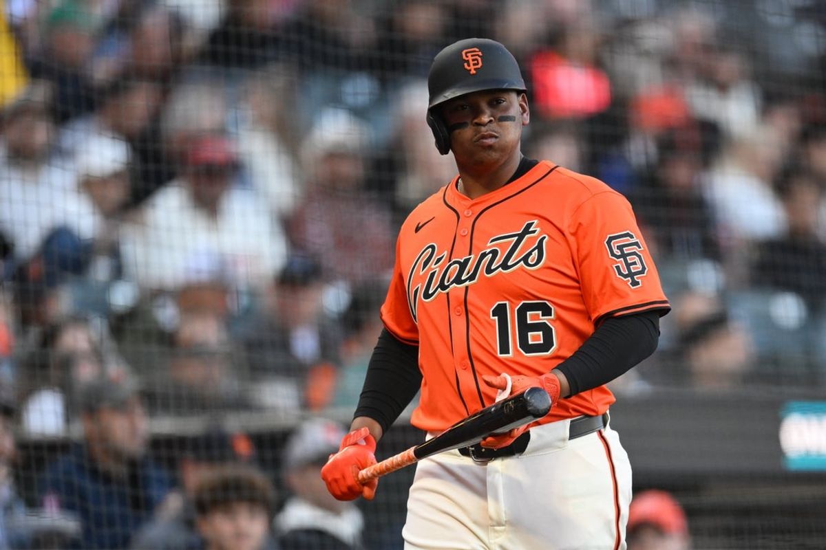 Jun 20, 2025; San Francisco, California, USA; San Francisco Giants designated hitter Rafael Devers (16) waits to bat against the Boston Red Sox in the first inning at Oracle Park. Mandatory Credit: Eakin Howard-Imagn Images