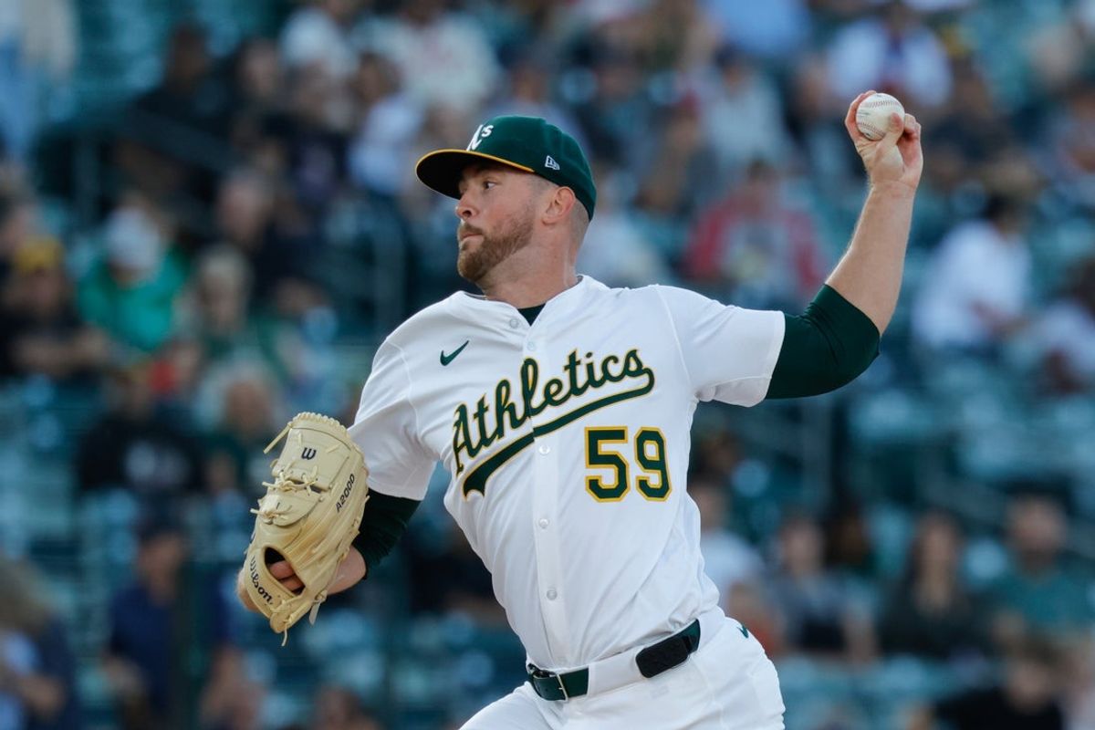 Jun 20, 2025; West Sacramento, California, USA; Athletics starting pitcher Jeffrey Springs (59) throws a pitch during the first inning against the Cleveland Guardians at Sutter Health Park. Mandatory Credit: Sergio Estrada-Imagn Images