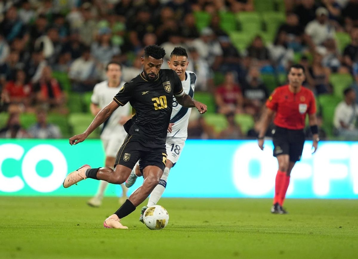 Jun 20, 2025; Austin, Texas, USA; Panama midfielder Anibal Godoy (20) and Guatemala midfielder Oscar Santis (18) battle for control of the ball during the first half of a group stage match of the 2025 Gold Cup at Q2 Stadium. Mandatory Credit: Daniel Dunn-Imagn Images