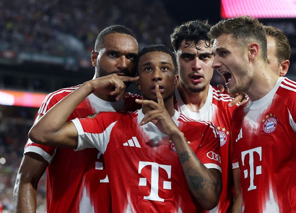 [Subscription Customers Only] Jun 20, 2025; Miami Gardens, Florida, USA; FC Bayern Munich forward Michael Olise (17) celebrates scoring their second goal with teammates during a group stage match of the 2025 FIFA Club World Cup at Hard Rock Stadium. Mandatory Credit: Hannah Mckay-Reuters via Imagn Images