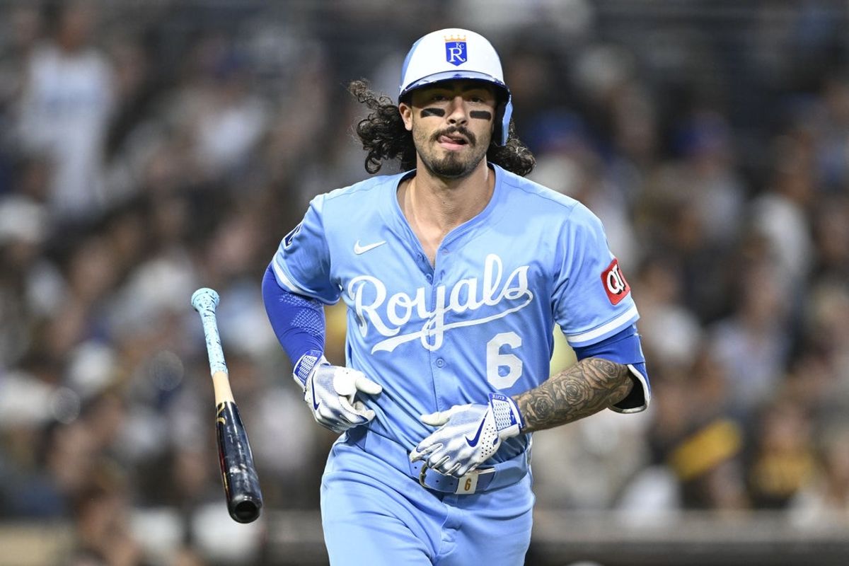 Jun 20, 2025; San Diego, California, USA; Kansas City Royals third baseman Jonathan India (6) hits a three-run home run during the fifth inning against the San Diego Padres at Petco Park. Mandatory Credit: Denis Poroy-Imagn Images